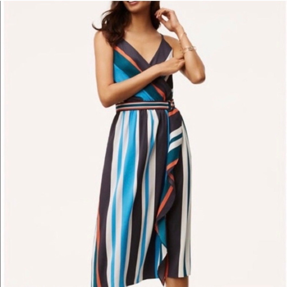 LOFT Modern Multicolor Vertical Striped Faux Wrap Dress XXSP